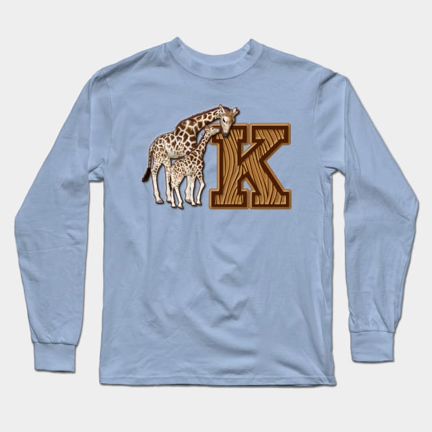 Mom and Baby Giraffe Monogram K Long Sleeve T-Shirt by AlondraHanley